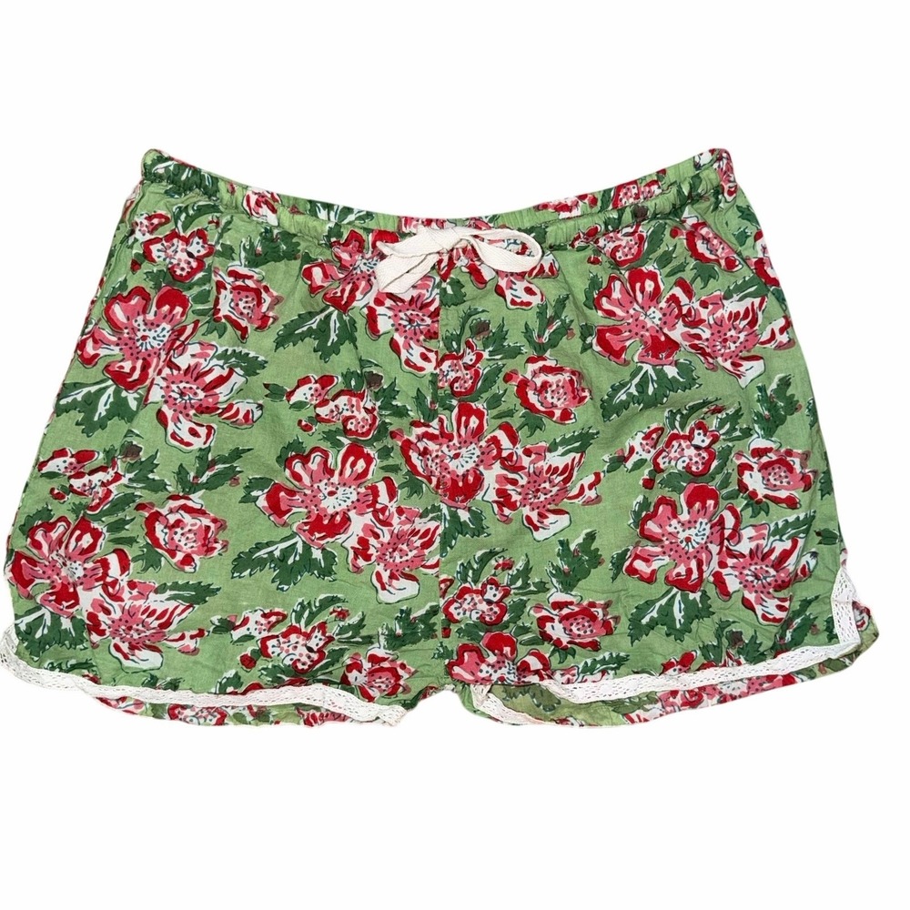 Signals Exclusively For Floral Cotton Shorts Green Pink Size Large Lace Trim